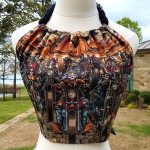 Hey Sue! Handmade Sz L Skeleton Bikers Skulls Halter Top Cycles Skulls Sexy